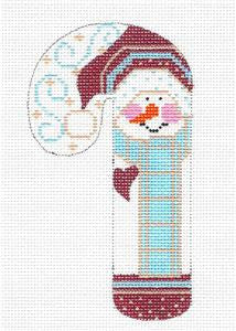 Medium Candy Cane ~ Snowman in Blue Scarf HP Needlepoint Canvas CH Designs - Danji