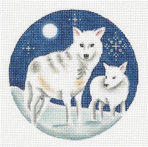 Round ~ 2 Arctic Wolves in Moonlight handpainted Needlepoint Canvas by Rebecca Wood