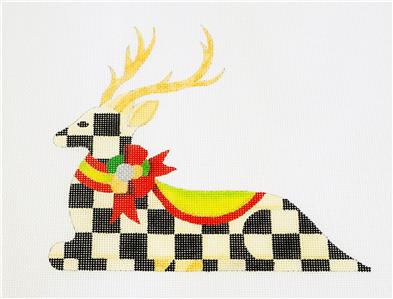 Christmas Canvas ~ Reclining Black & White Checked Reindeer handpainted Needlepoint Canvas by Raymond Crawford