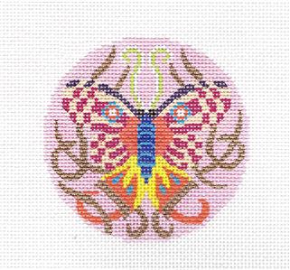 Round ~ Multi-Color Pink Butterfly handpainted Needlepoint Canvas 3" Rd Ornament by LEE