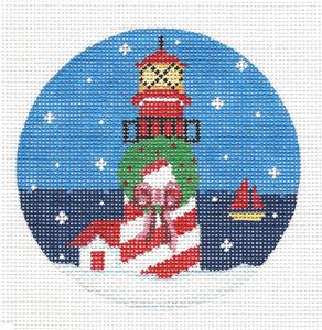 Round ~ Candy Stripe Lighthouse handpainted Needlepoint Ornament by Pepperberry