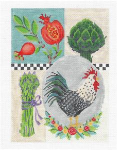 Sampler Canvas ~ KITCHEN ROOSTER & 14 Pg. STITCH GUIDE handpainted Needlepoint Canvas Kelly Clark