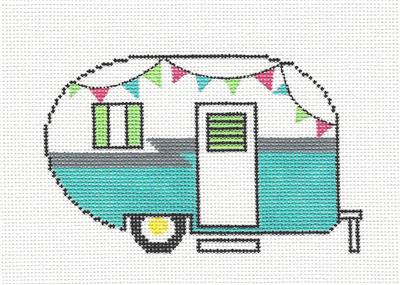 Canvas ~ Teal Summer Camper Travel Trailer handpainted Needlepoint Canvas ZIA Danji