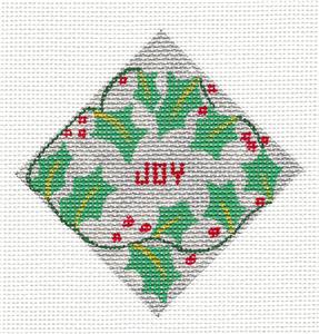 Christmas ~ JOY & HOLLY on a Silver Diamond handpainted Needlepoint Ornament by Juliemar