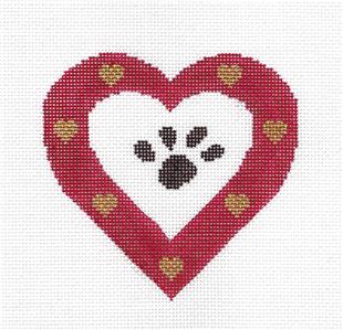 PAW PRINT "ASPCA" LOVE HEART handpainted Needlepoint Canvas Ornament Vallerie