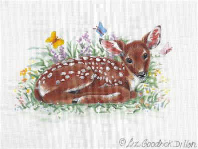 Canvas~Spring FAWN in Flowers handpainted Needlepoint Canvas by LIZ ~ S. Roberts