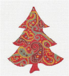 Kelly Clark Tree ~ Red Multi-Color Paisley Christmas Tree handpainted Needlepoint Canvas Ornament