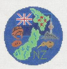 Round ~ Country of NEW ZEALAND handpainted 4.25"Rd. 18 Mesh Needlepoint Canvas Ornament ~by Silver Needle