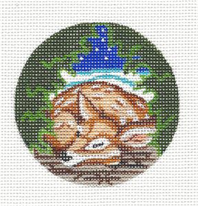 Round~Sleeping Fawn handpainted Needlepoint Ornament by Kamala from Juliemar 3"Rd.