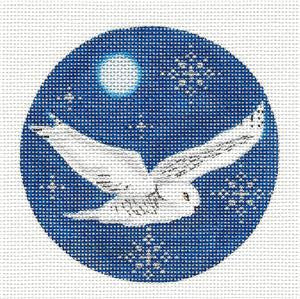 Round ~ Snowy Owl in Moonlight handpainted Needlepoint Canvas by Rebecca Wood