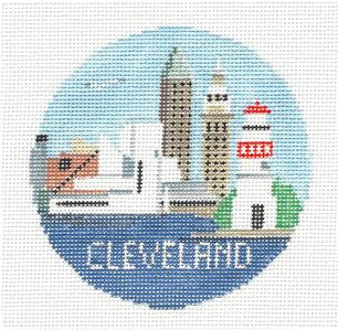 Travel Round ~ Cleveland, Ohio handpainted 4" Rd. 18 Mesh Needlepoint Canvas by Kathy Schenkel