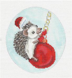 Hedgehog Christmas Oval ~ Hedgehog Christmas Swing handpainted Needlepoint Canvas by Scott Church
