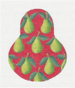 Kelly Clark Pear ~ Green Anjou Pears on Red 18 mesh handpainted Needlepoint Ornament by Kelly Clark