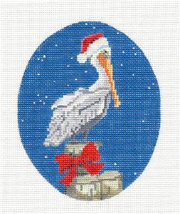 Bird Oval ~ Christmas Pelican on a Wharf handpainted Oval Needlepoint Canvas by Scott Church