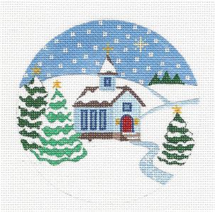 Christmas Round ~ Country Church in Snow handpainted Needlepoint Ornament Canvas by Juliemar