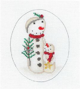 Family ~ Christmas Snow Mom & Child handpainted Oval Needlepoint Ornament Canvas by KMH from CBK
