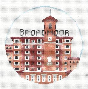 Travel Round ~ BROADMOOR HOTEL, COLORADO 18 Mesh handpainted 4" Needlepoint Ornament Canvas Kathy Schenkel