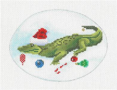 Christmas Oval ~ Christmas Alligator handpainted Needlepoint Ornament by Scott Church