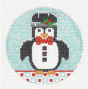 Penguin ~ Penguin in Top Hat & Bowtie handpainted 3" Round Needlepoint Canvas from Danji