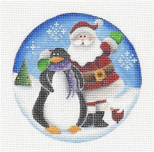 Round ~ Santa and Friends Penguin & Cardinal handpainted Needlepoint Canvas by Rebecca Wood