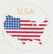 Travel Round ~ Patriotic United States USA Flag Map handpainted 4.25" Needlepoint Canvas Ornament by Silver Needle