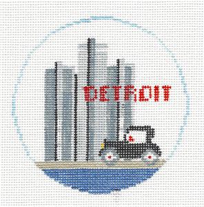 Travel Round ~ DETROIT, MICHIGAN handpainted 18 Mesh 4" Rd. Needlepoint Canvas Ornament by Kathy Schenkel