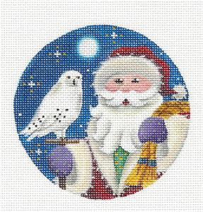 Round ~ Forest Santa with Owl Ornament handpainted Needlepoint Canvas by Rebecca Wood