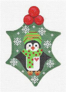 Holly ~ Holly Leaf & Penguin on Holly & STITCH GUIDE handpainted 18mesh Needlepoint Canvas by CH Designs ~ Danji