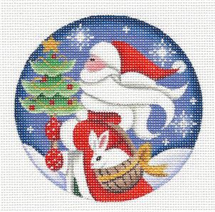 Christmas Round ~ Santa & White Bunny in a Basket Ornament handpainted Needlepoint Canvas by Rebecca Wood