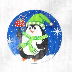 Round~ Penguin With Gift Ornament handpainted Needlepoint Canvas 4" Rd Alice Peterson