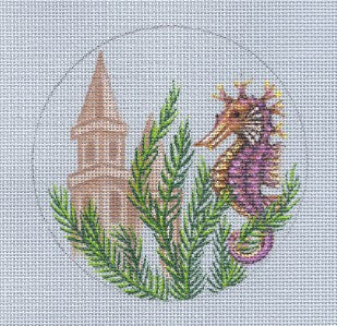 Round ~ SEAHORSE & Sand Castles & Shells handpainted Needlepoint Canvas by Leigh Design