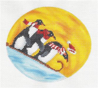 Oval ~ "Penguins Sledding"  5"wide handpainted Needlepoint Oval Ornament by Scott Church