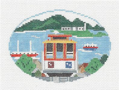 Oval ~ San Francisco, Trolley Car Oval handpainted Needlepoint Canvas by Kathy Schenkel