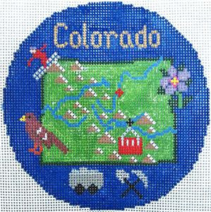 Travel Round ~ State of COLORADO handpainted 4.25" Needlepoint Canvas Ornament by Silver Needle
