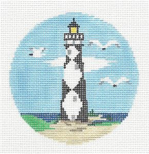 Travel Round ~ Cape Lookout Lighthouse, North Carolina 4" Rd. 18 Mesh HP Needlepoint Canvas Kathy Schenkel