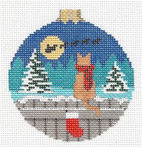 Christmas Cat ~ Kitty Cat Waiting for Santa 18 Mesh HP Needlepoint Ornament Canvas by Susan Roberts