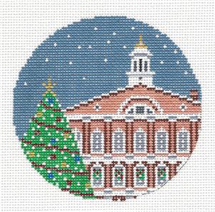 Christmas Travel Round ~ FANEUIL HALL in BOSTON, MA. Christmas Tree handprinted 4" Needlepoint Canvas Needle Crossings