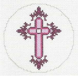 Cross ~ Elegant 3" Rd. Burgundy & Rose CROSS handpainted Needlepoint Canvas by LEE