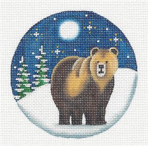 Round ~ Grizzly Bear in Moonlight Ornament handpainted Needlepoint Canvas Rebecca Wood