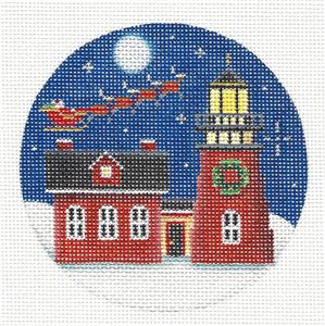 Round ~ Red Lighthouse with Santa in Sleigh Ornament HP Needlepoint Canvas by Rebecca Wood