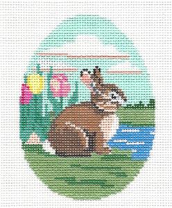 Egg ~ Bunny Sitting in Tulips Egg handpainted Needlepoint Canvas Susan Roberts