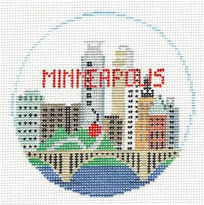 Travel Round ~ Minneapolis, Minnesota 4" Rd. handpainted 18 Mesh Needlepoint Canvas by Kathy Schenkel