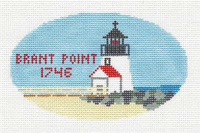 Oval ~ NANTUCKET ISLAND ~ BRANT POINT LIGHTHOUSE handpainted Needlepoint Canvas Silver Needle