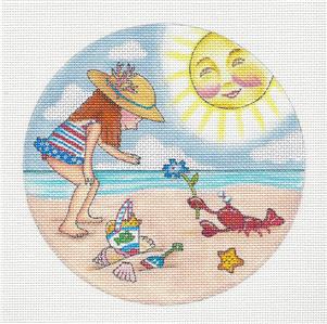 Little Girl & Lobster on the Beach handpainted 6" Needlepoint Canvas by Mary Engelbreit from Painted Pony