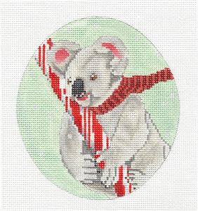 Oval ~ Koala Bear with Candy Cane in a Scarf Handpainted Needlepoint Canvas by Scott Church