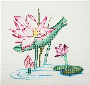 Oriental Canvas ~ " Lotus Blossoms in Pond " handpainted 13 mesh Needlepoint Canvas by Sophia Designs