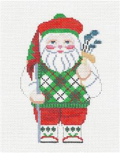 Santa ~ Golfing Sports Santa with Clubs Ornament handpainted Needlepoint Canvas by Susan Roberts