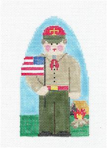 Child's Canvas ~ BOY SCOUT with AMERICAN FLAG handpainted Needlepoint Canvas Ornament by Kathy Schenkel