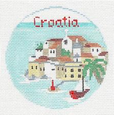 Travel Round ~ CROATIA handpainted 18 Mesh 4" Rd. Needlepoint Ornament Canvas by Kathy Schenkel