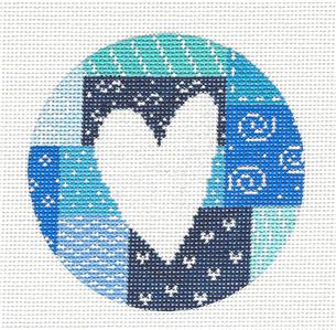 Round ~ White Heart in Blue Patchwork HP Needlepoint Canvas by Starke Art from CBK